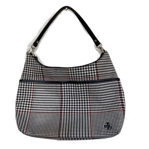 Lauren Ralph Lauren Houndstooth Hobo Shoulder Bag Black White Red Leather Trim
